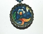 Vera Bradley-themed Necklace -- Bloom Bottle Cap Pendant & Dark Blue Ball Chain Necklace