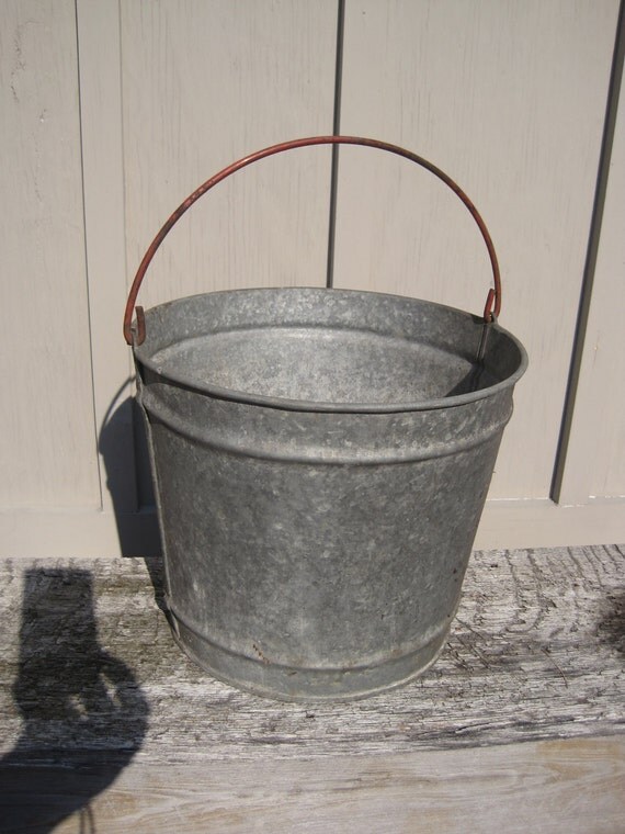 Vintage Galvanized metal bucket red trim 1940s by WestofChelsea