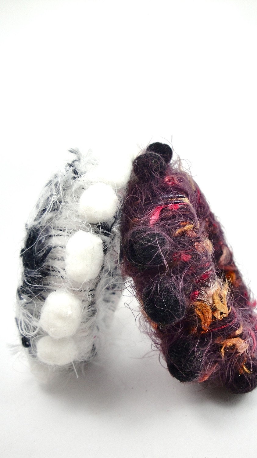 black and white bangle set  pompon wrapped, soft touch winter jewelry
