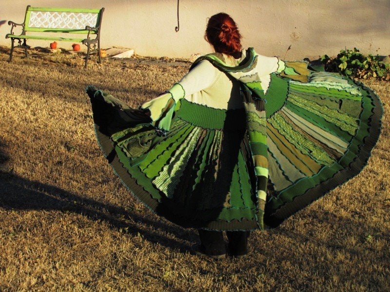 Upcycled Sweater Coat  gypsy elf hoodie Rainbow greens Travel Duster RESERVED esgorzen517