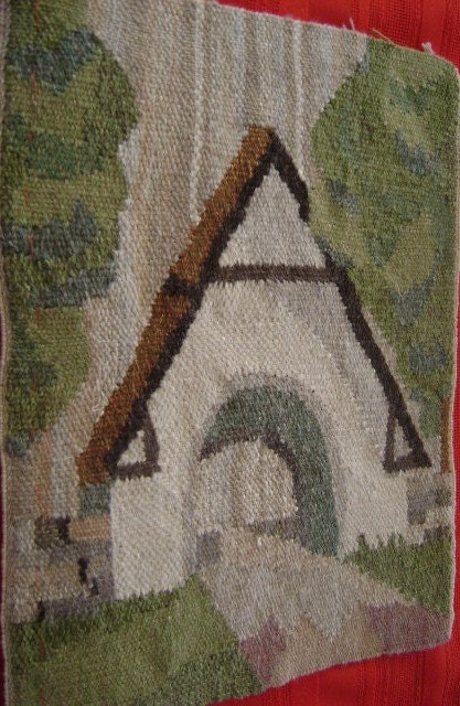 Vintage Wall Hanging Wool Flemish Art Needle Work on woven wool Covered Bridge 9x11 1/2"