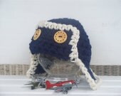 Baby Aviator Hat /Navy Blue with Creme Trim /  Newborn Photography Prop