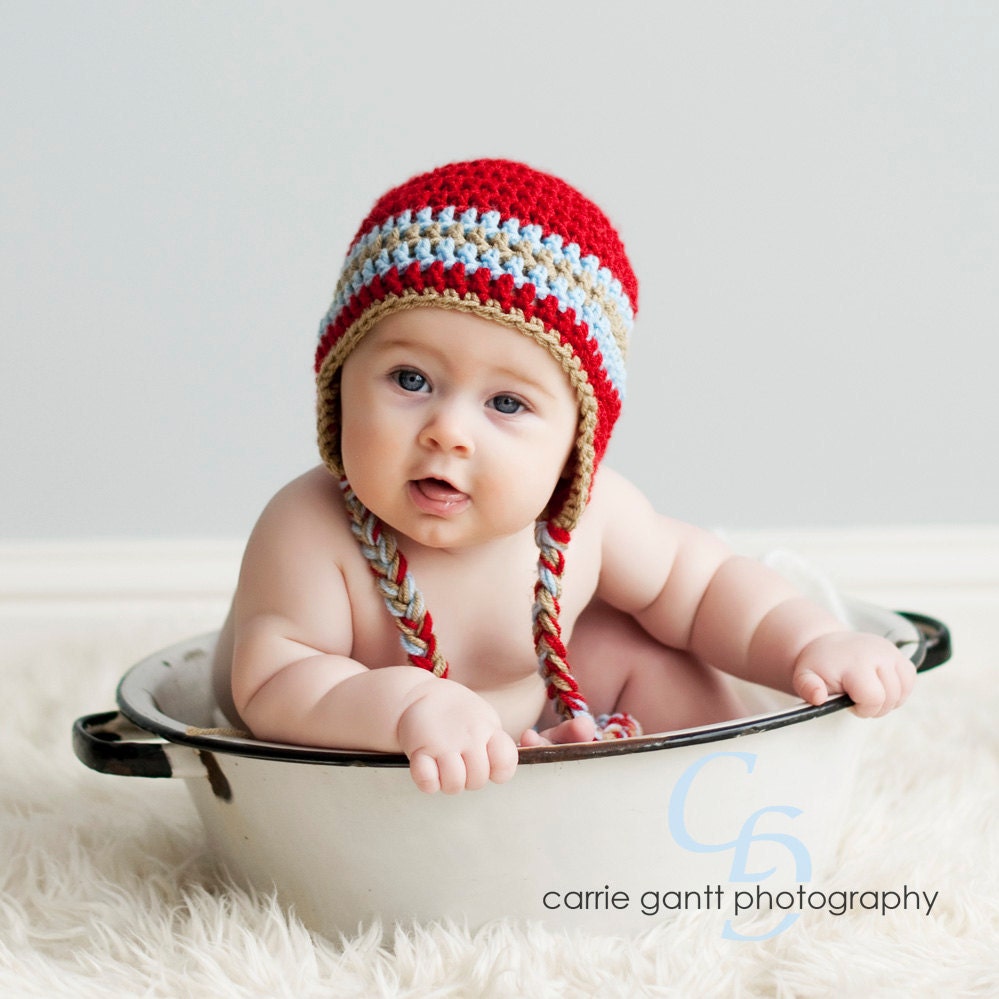 Newborn Baby Hat Ear Flap in Red, Baby Blue and Camel / photo prop / you choose size