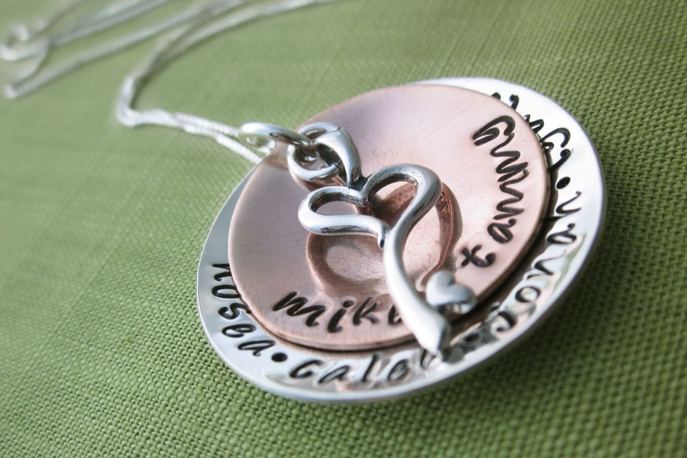 Layered Mixed Metal Copper & Sterling Silver Necklace - Sterling Silver Key to My Heart Charm - Family Names - Personalized Mom Jewelry