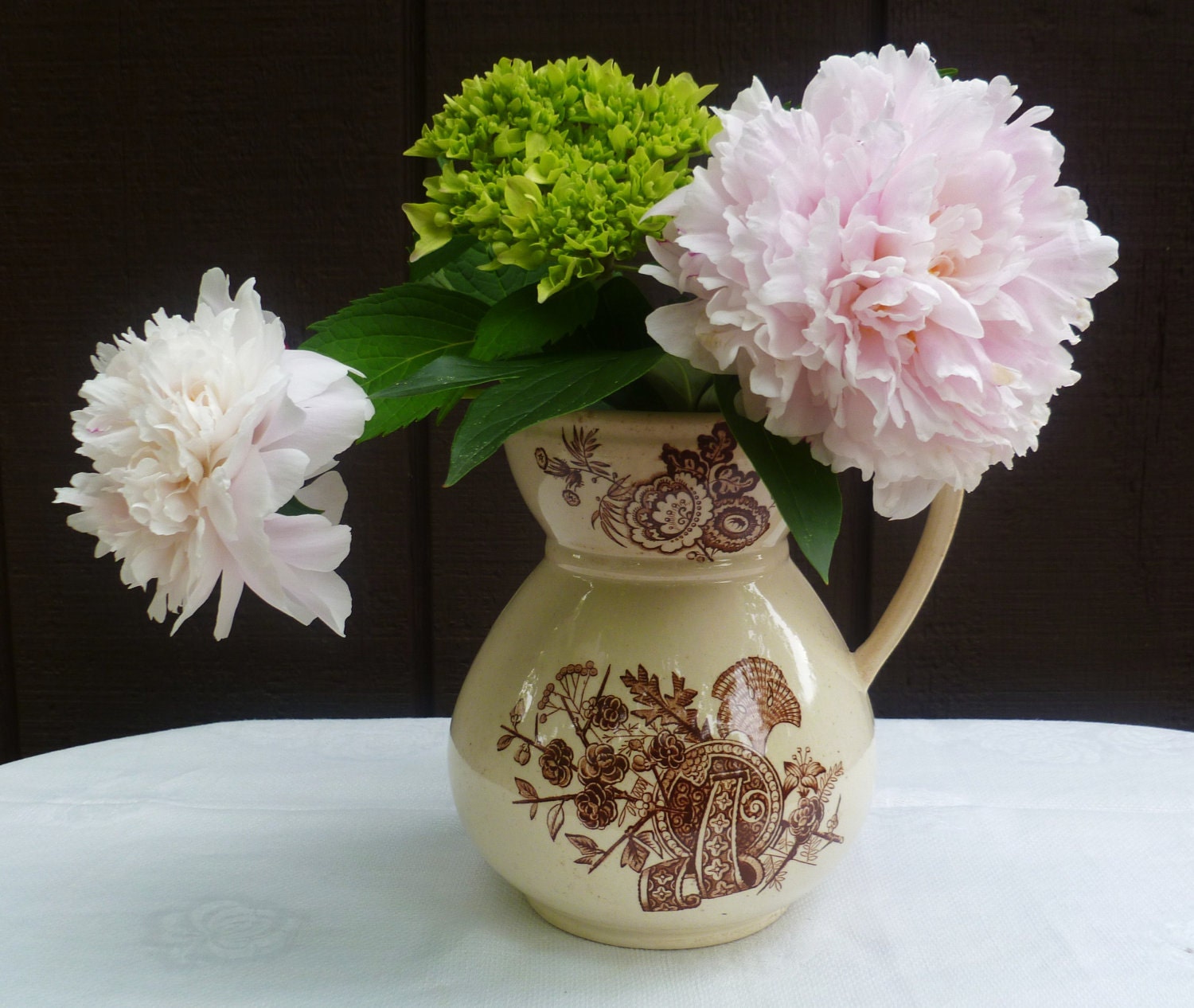 Antique Transferware Pitcher. Aesthetic Movement. Brown. Japanese Pattern. Vase.