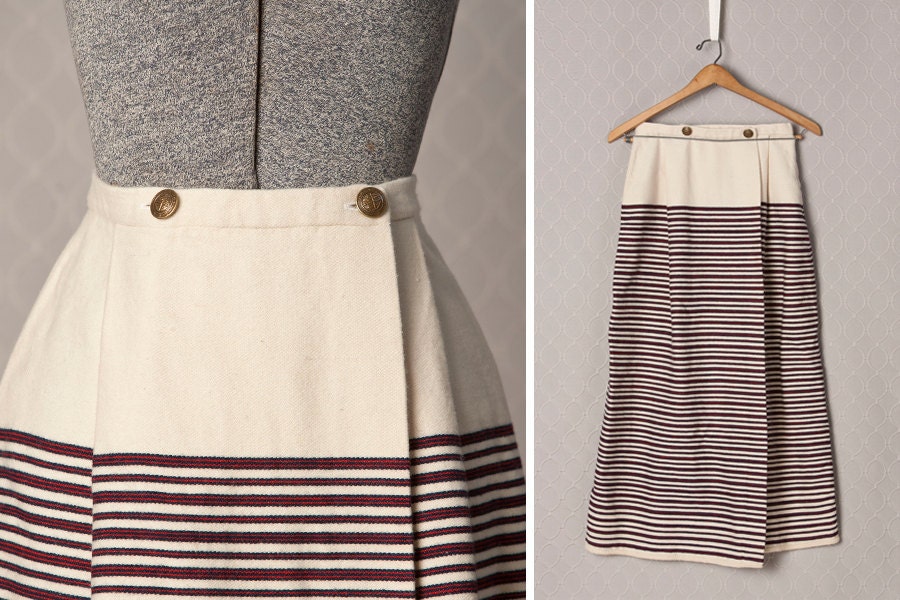 Womens 1970s Nautical Wool Wrap Skirt // Medium