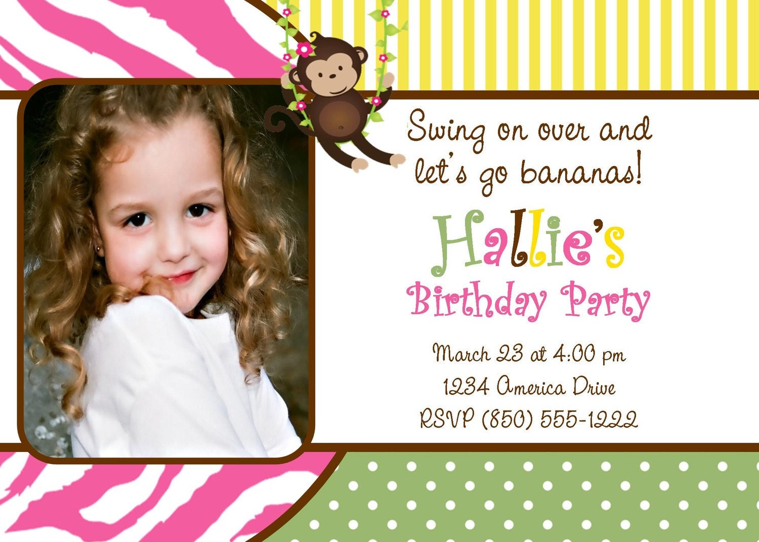 Monkey Theme Girl DIY Printable Party 5x7 Photo Invitation (pink, green, brown, yellow) Il_170x135
