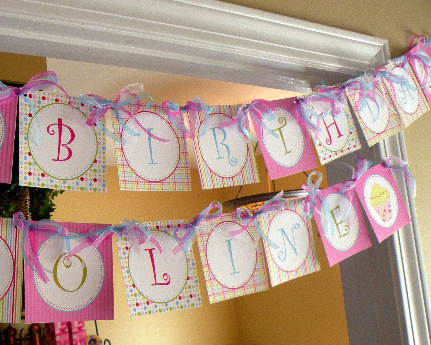 Cupcake Theme Party Personalized Happy Birthday Banner (pink, blue, green, plaid, stripe polka dot) Girl DIY Printable Il_570xn