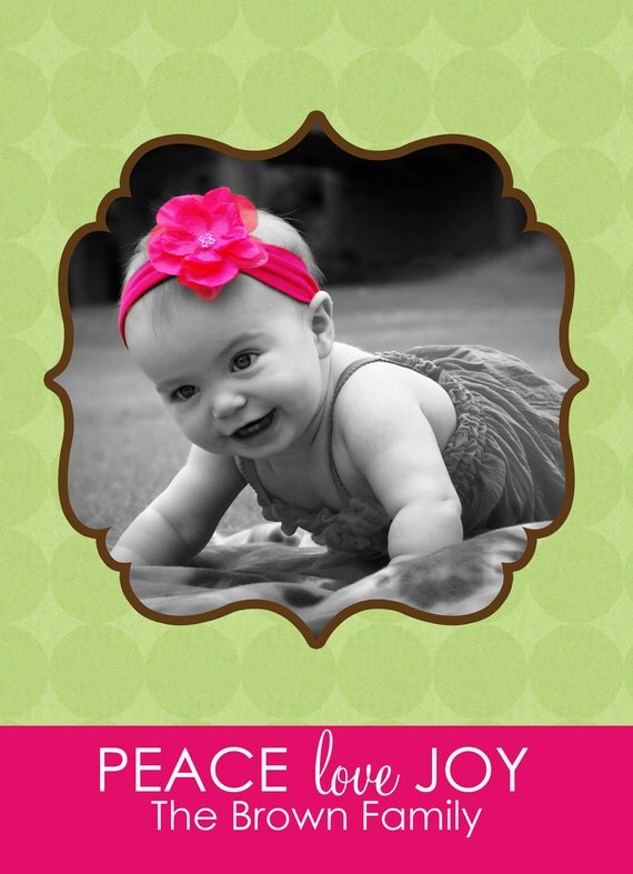 Peace Love Joy Pink & Green Custom Christmas Holiday Photo Card Il_570xn