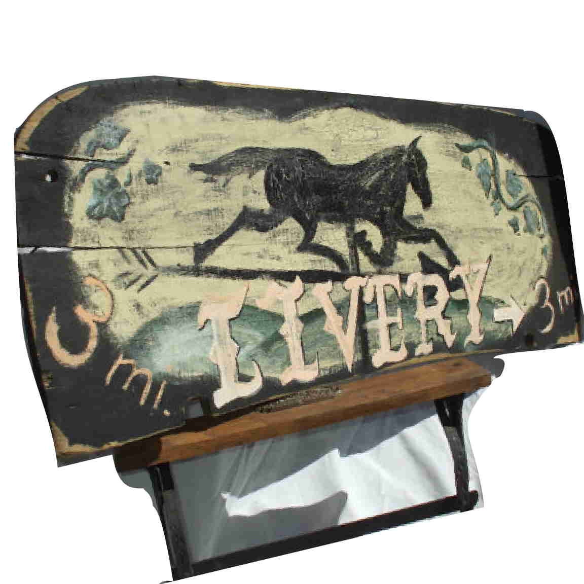 Folk Art Painting, Horse Weathervane, back of Buggy Seat, featured folk art work: Livery sign