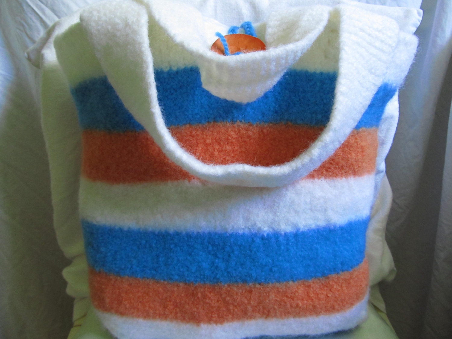 Felted Bag: Catalina. Turquoise, orange and white stripe this large felted gypsy bag.