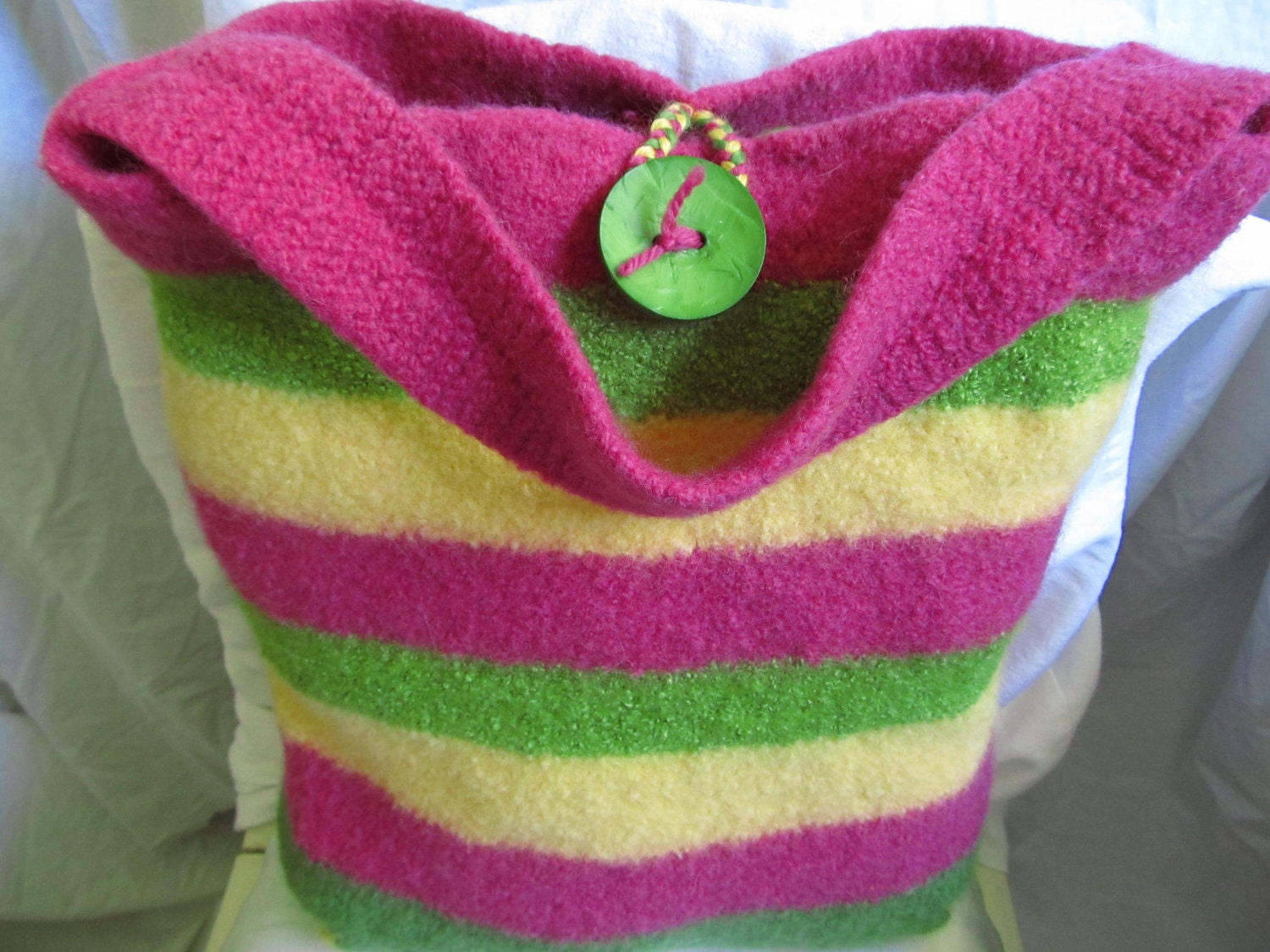 Felted Bag: . Strawberry Margarita. Lemon, lime and strawberry stripe this large felt gypsy bag.