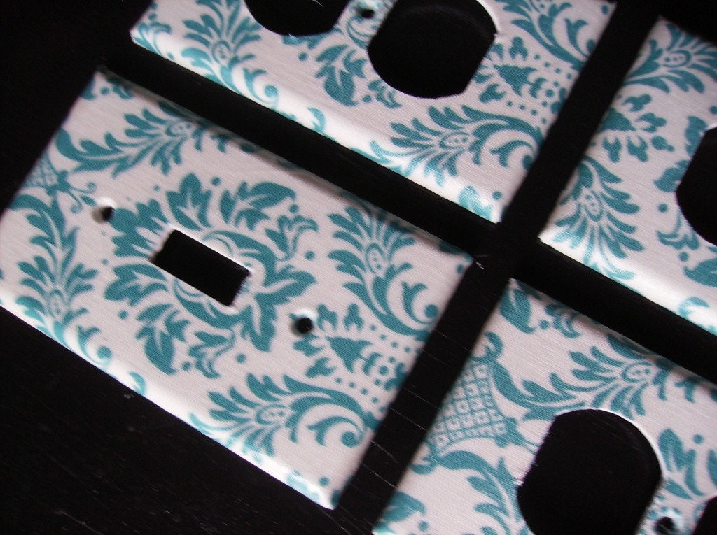Blue and Off White Damask SIngle Light switch plate Setm
