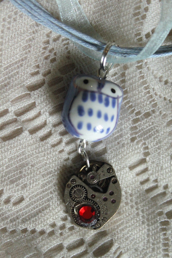 Steampunk OWL Ribbon Necklace and Earrings Set Featuring a 17 Jewels Ruby Timepiece and Blue Polymer Owl Beads