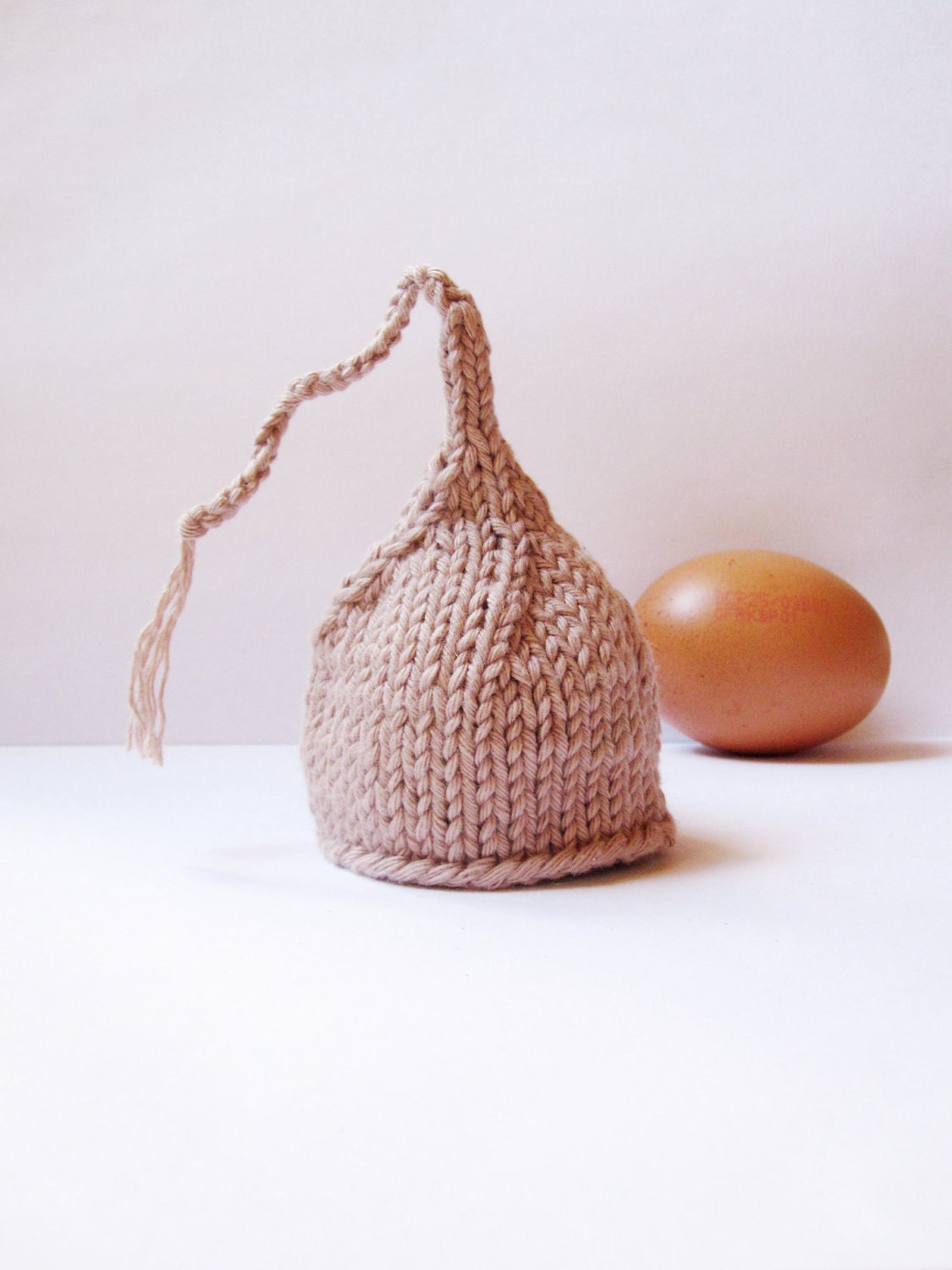 Beige Egg Cozy Pixie Hat Everyday Handknit Pure Cotton Natural Neutral freeshippingfrance team trade on