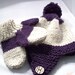 Baby Earflap Hat and Mittens Knit in Purple and White. Great Baby Shower Gift.