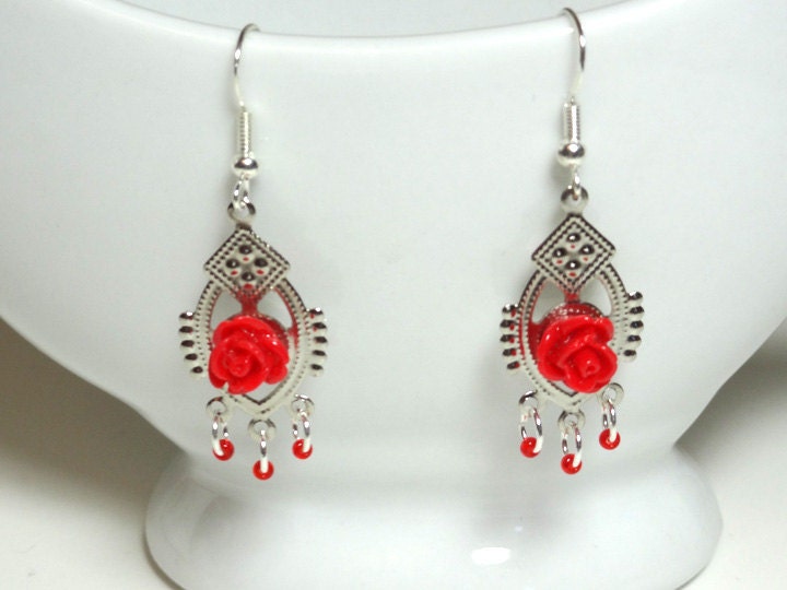 Red Rose Earrings on Metal Filigree with Ring Dangles and Red Seed Beads Sparkling Dangles on Hooks or Clip Ons