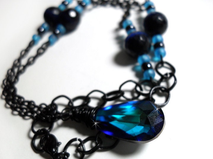 Dark Blue Swarovski Crystal Teardrop Wire Wrapped Necklace - Glamour365