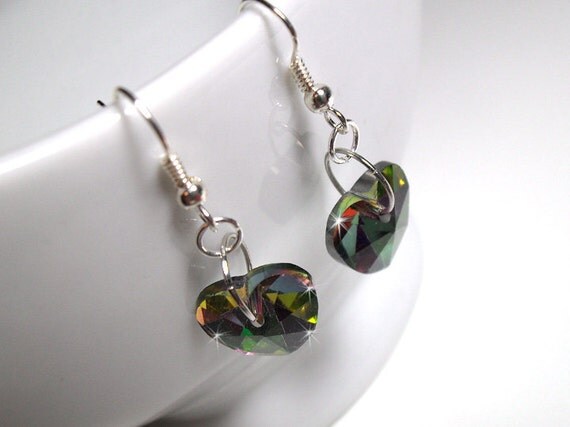 Mystic Fire Crystal Green Earrings Dangle Glass Luster Hearts on Earring Hooks or Clip Ons Clips