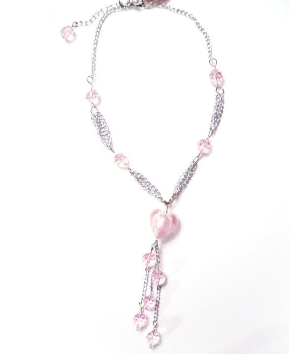 Chain Pink Heart Necklace with Shiny Glass Beads and Silver-Toned Chain