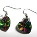Mystic Fire Crystal Green Earrings Dangle Glass Luster Hearts on Earring Hooks or Clip Ons Clips