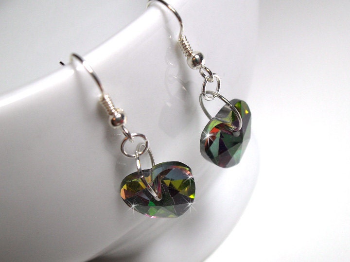 Mystic Fire Crystal Green Earrings Dangle Glass Luster Hearts on Earring Hooks or Clip Ons Clips