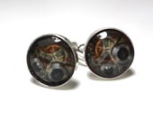 Steampunk Cuff Links - Glass Dome Covered Digital Image of Watch Gears in Silver Plated Cuff Links