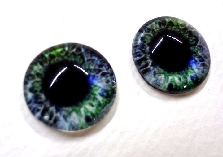 16mm Blue Green Glass Eye Cabochons - Evil Eyes for Doll or Jewelry Making - Set of 2