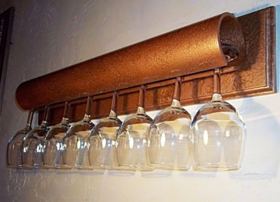 Wine glass Shelf in hammered copper holds 6 of your favorite standard base wine glasses - MichelleNapier