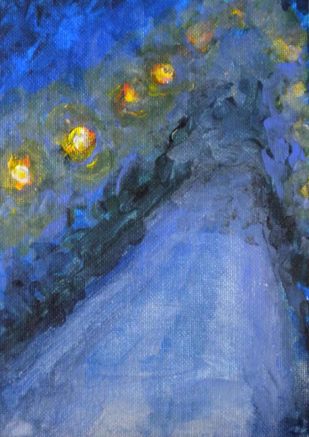 Original miniature acrylic painting "Foggy Road Streetlights" 5x7 Sale and Free US Shipping