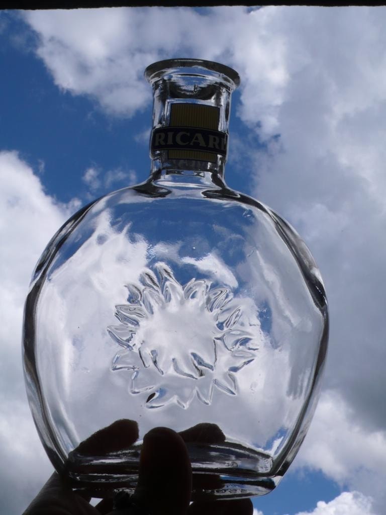 Vintage bottle, carafe, pernod, aperitif, ricard,candle holder, blue, sunshine, sun, decorative, wine, water,