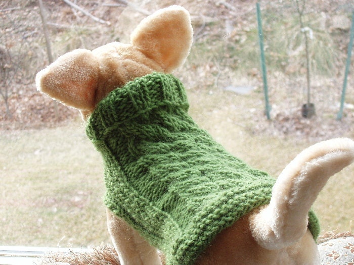 Dog Sweater Hand Knit Apple Green Cable Weave Merino Wool Small