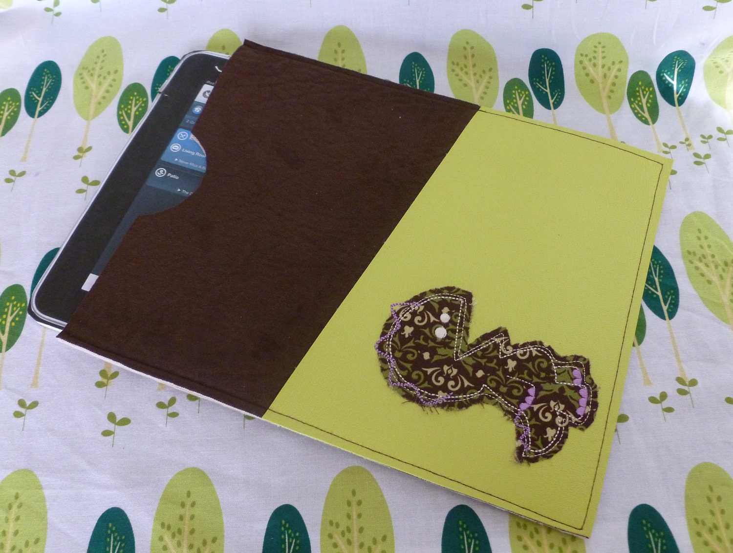 Lime Green Faux Leather and Brown Faux Suede Vinyl Fabric iPad Tablet Sleeve with Appliqued Dinosaur Embroidery on Front Pocket - nitchick