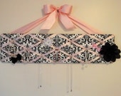 Girls Original French Jewelry Hanger - DeLux - Black and White Madison Damask with Pink Bow - READY TO SHIP