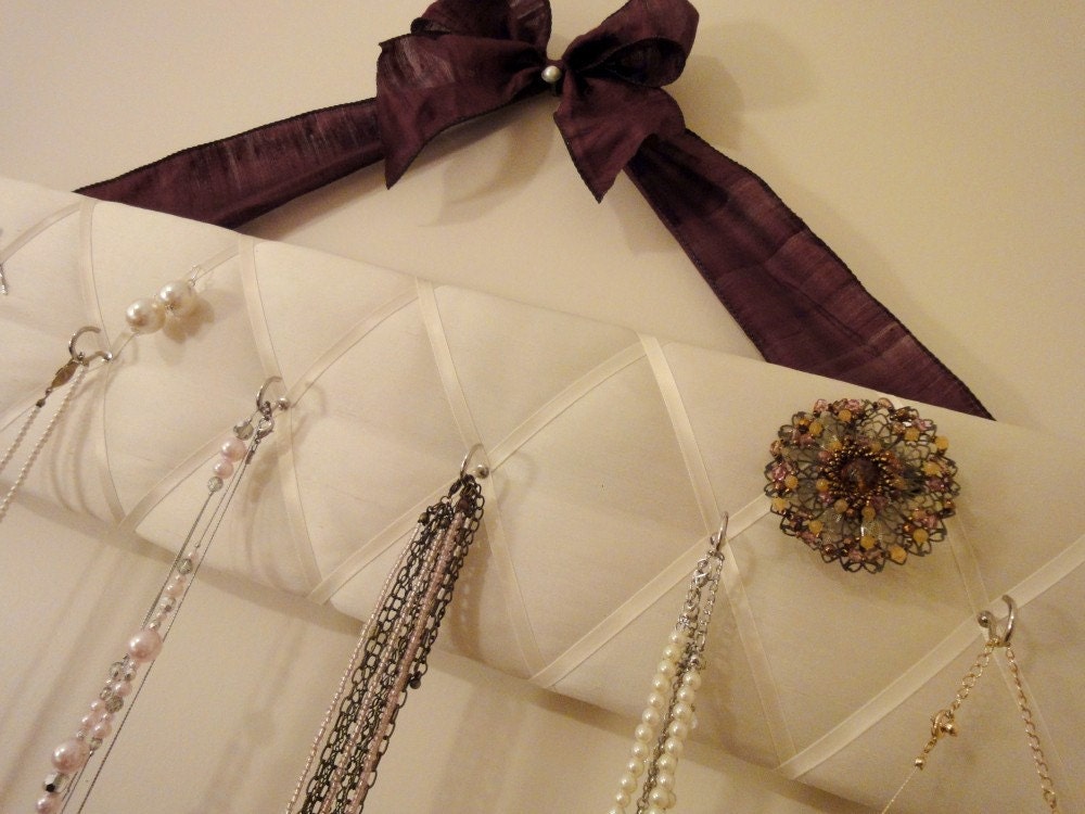 Original French Jewelry Hanger - Necklace Holder - Cream Satin with Brown Bow - Ready to Ship