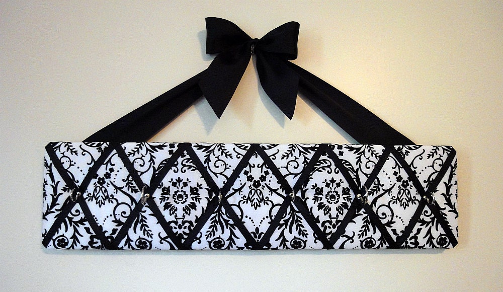 Original French Jewelry Hanger - Flocked Black and White Damask Satin with Black Bow - Ready to Ship