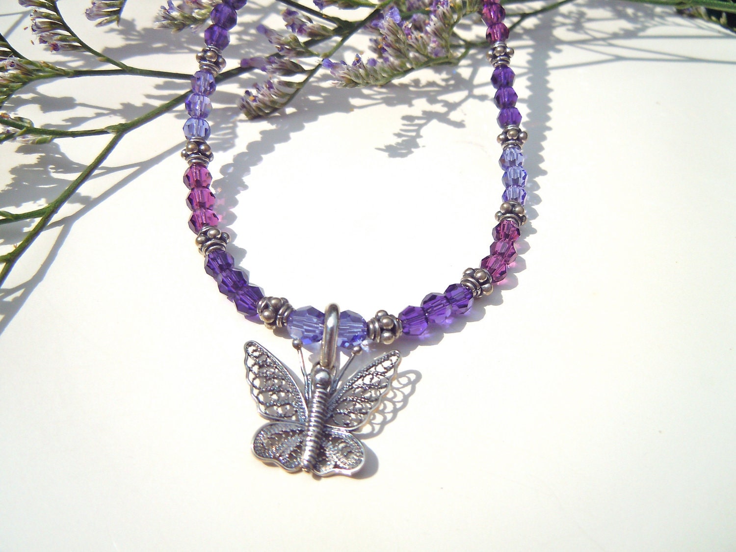 Filigree Butterfly Necklace, Purple Swarovski Crystal Necklace, Lupus Awareness Jewelry