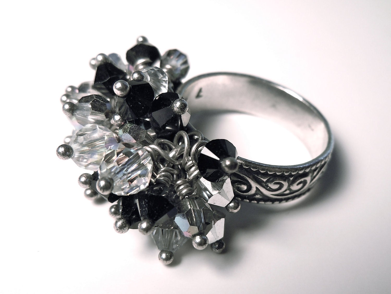 Black & White Crystal Ring, Size 7, DRASTICALLY REDUCED