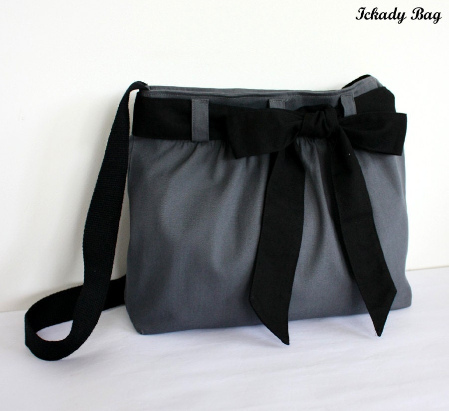 Grey Canvas Bag Messenger Bag Cross Body - Zipper Closure - Black Canvas Sash