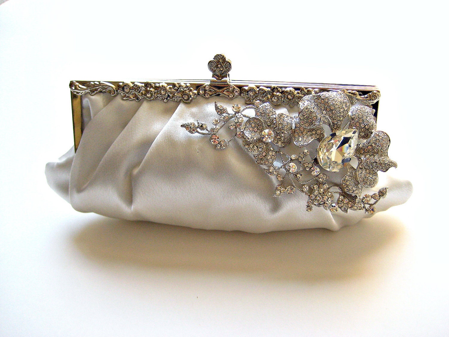 Satin bridal wedding clutch/purse with large swarovski crystal orchid jewel.  EXOTIC ORCHID