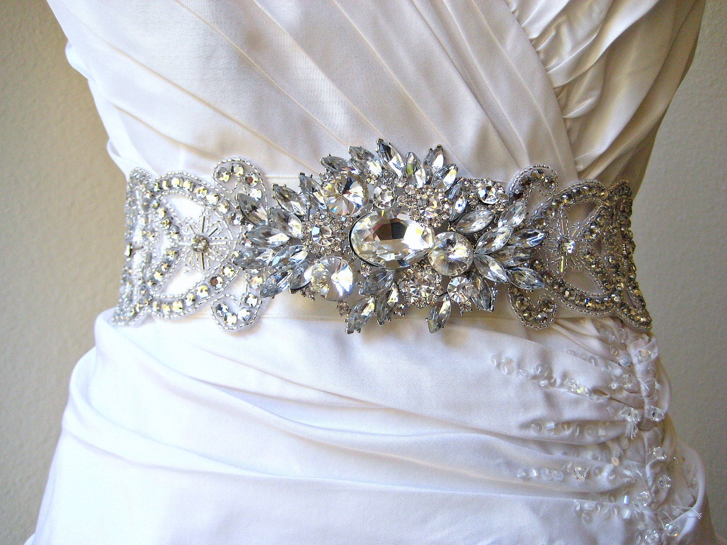 Bridal wedding beaded crystal sash/belt with dramatic swarovski crystal jewel.  ENCHANTRESS