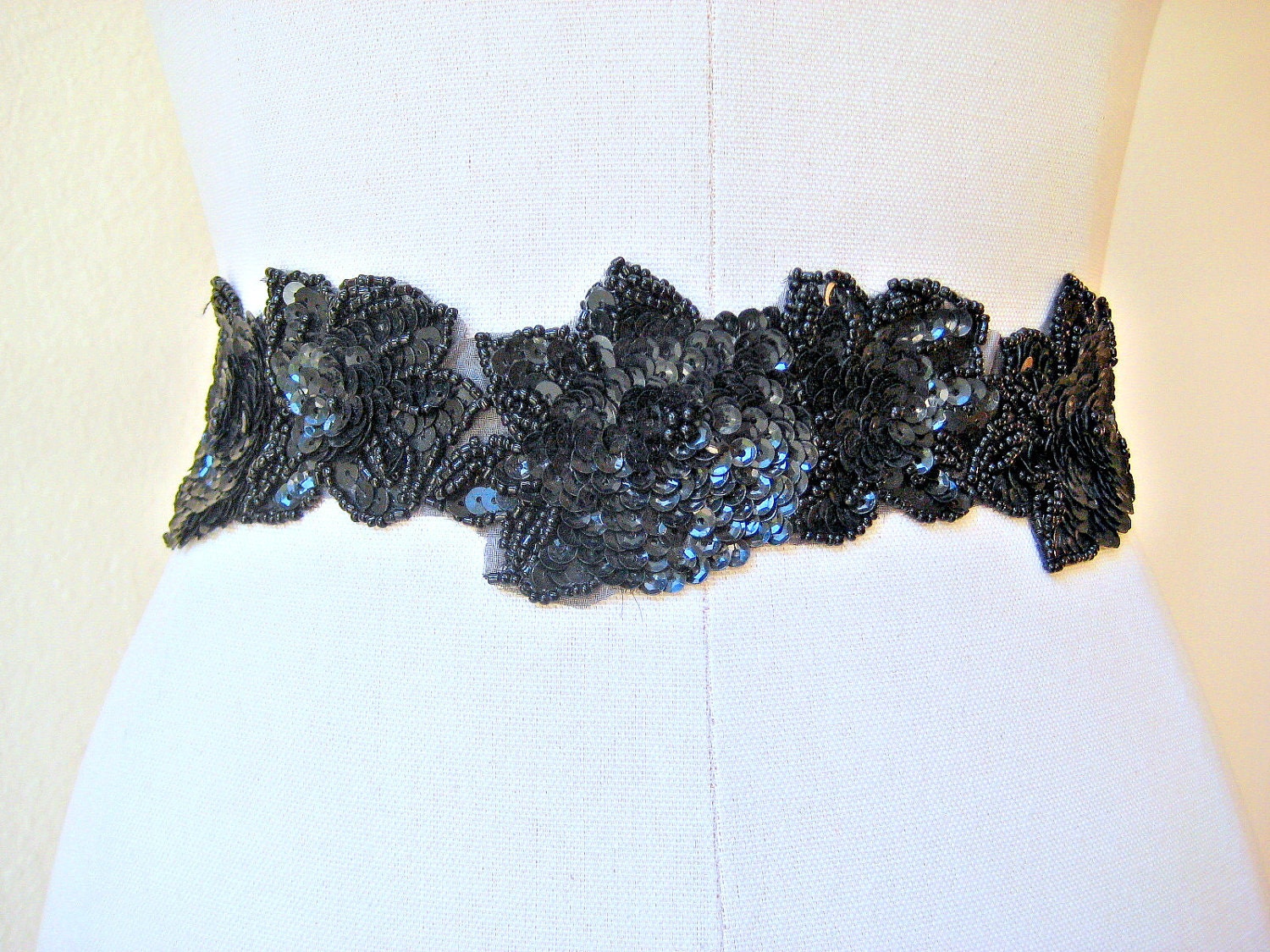Black intricately beaded bridal wedding sash/belt.  BLACK MAGIC.