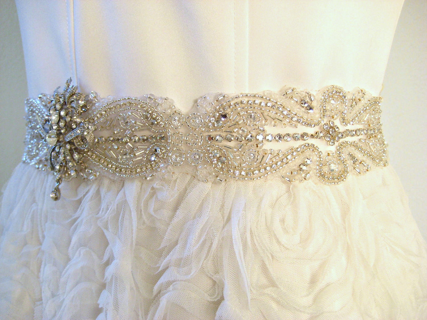 Elegant bridal beaded crystal rhinestone sash/belt. VINTAGE ROMANCE.