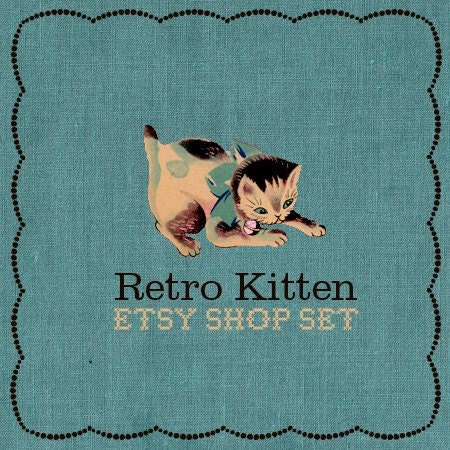 DELUXE Premade Etsy Shop Set -  Retro 1950s Kitten and Blue Linen