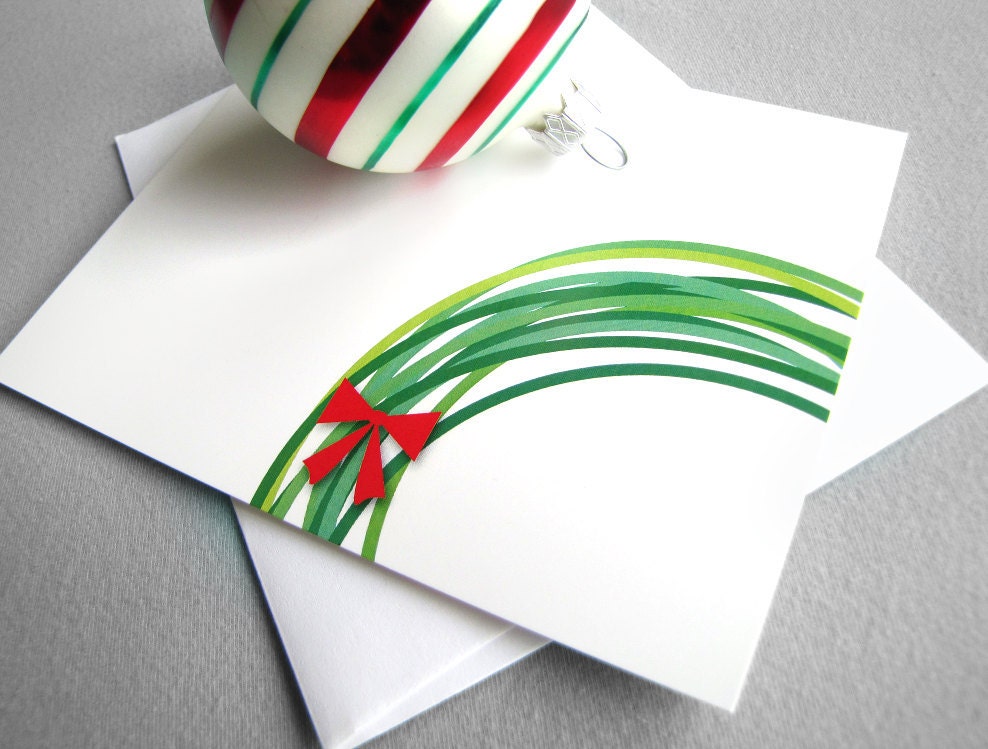 Wreath Christmas cards, green wreath, red bow - Set of 5 - modern christian religious cards