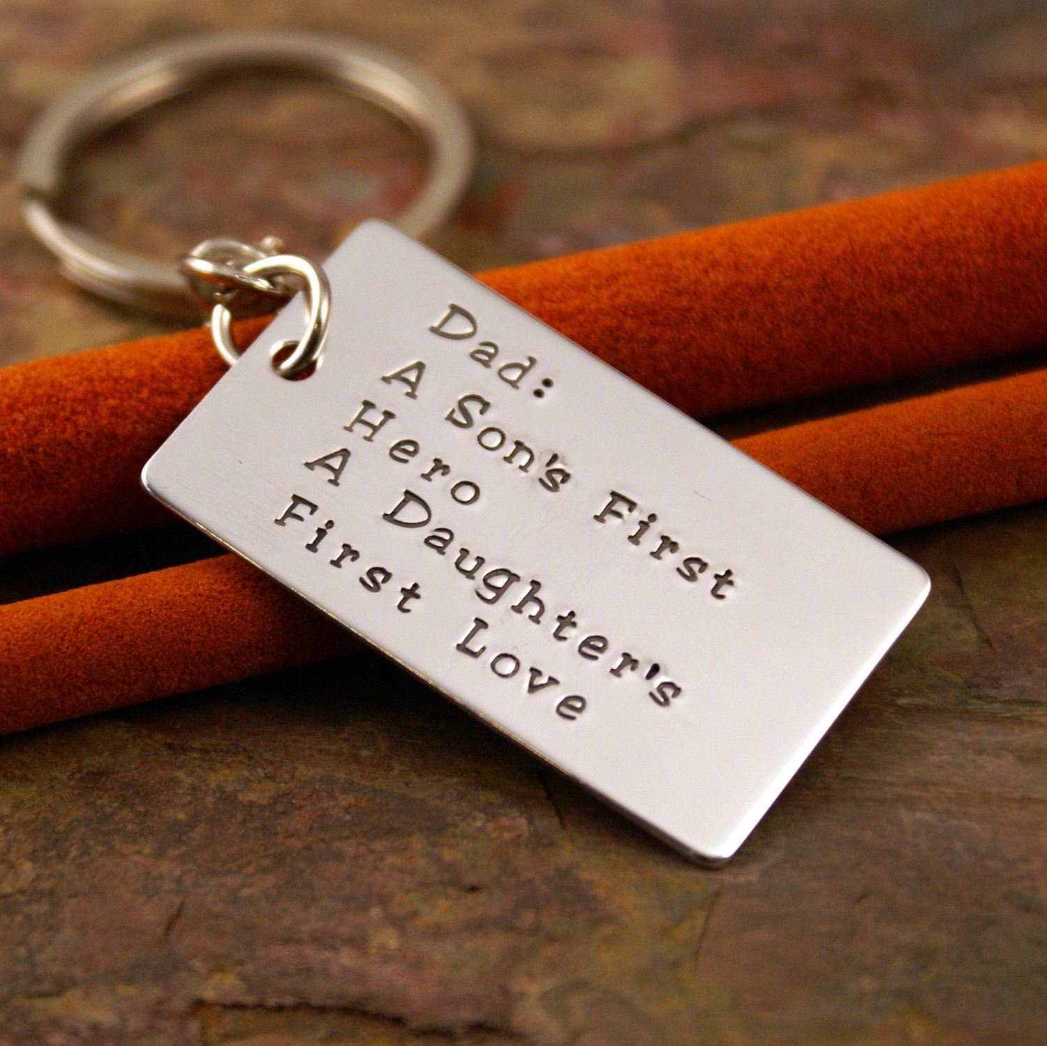 Personalized Key Chain - Aluminum dog tag Hand Stamped Keychain - Dad, A Son's First...  (Includes names stamped on the back)
