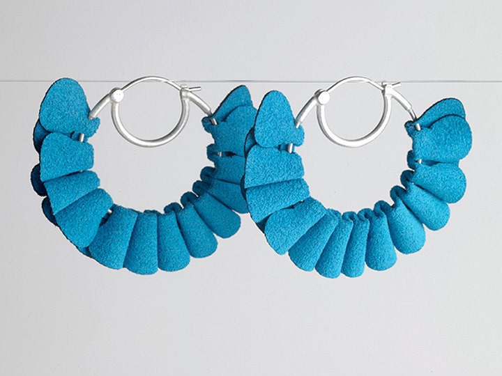 Turquoise Ruffle Fabric Hoop Earrings in Sterling Silver