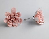 Sterling Silver Stud Earrings, Blush pink fabric flowers, size Medium
