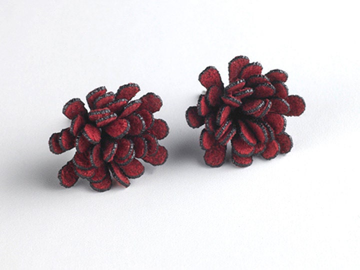 Fabric Flower Stud Earrings in Burgundy Red, in Sterling Silver, sz Small