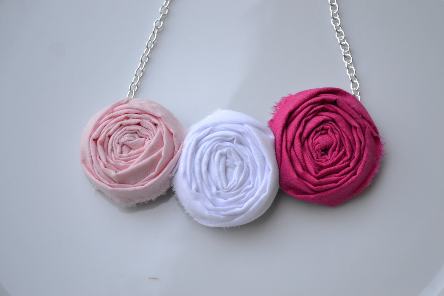 Hot pink, blush pink and white rolled rosette necklace